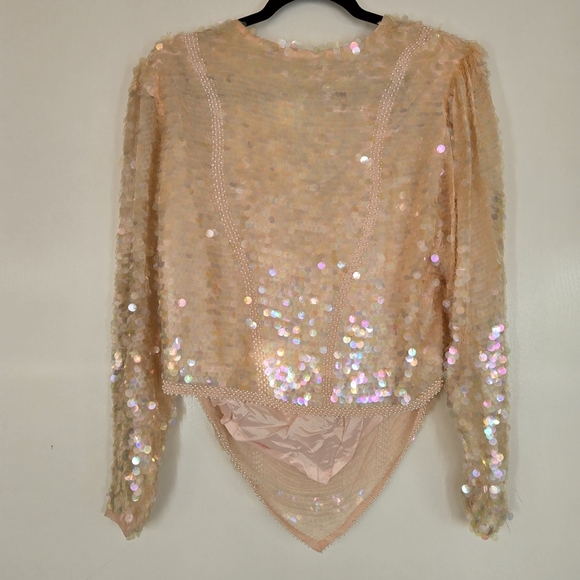 VTG Large Pink Ivory Full Sequin Glam Silk Evening Blouse 80s Beaded Iridescent‎ - Picture 11 of 16